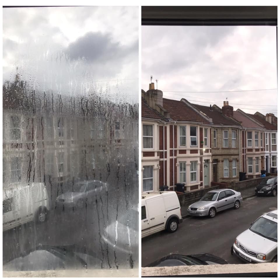 Side-by-side comparison of cloudy and clear glazing looking over terraced houses