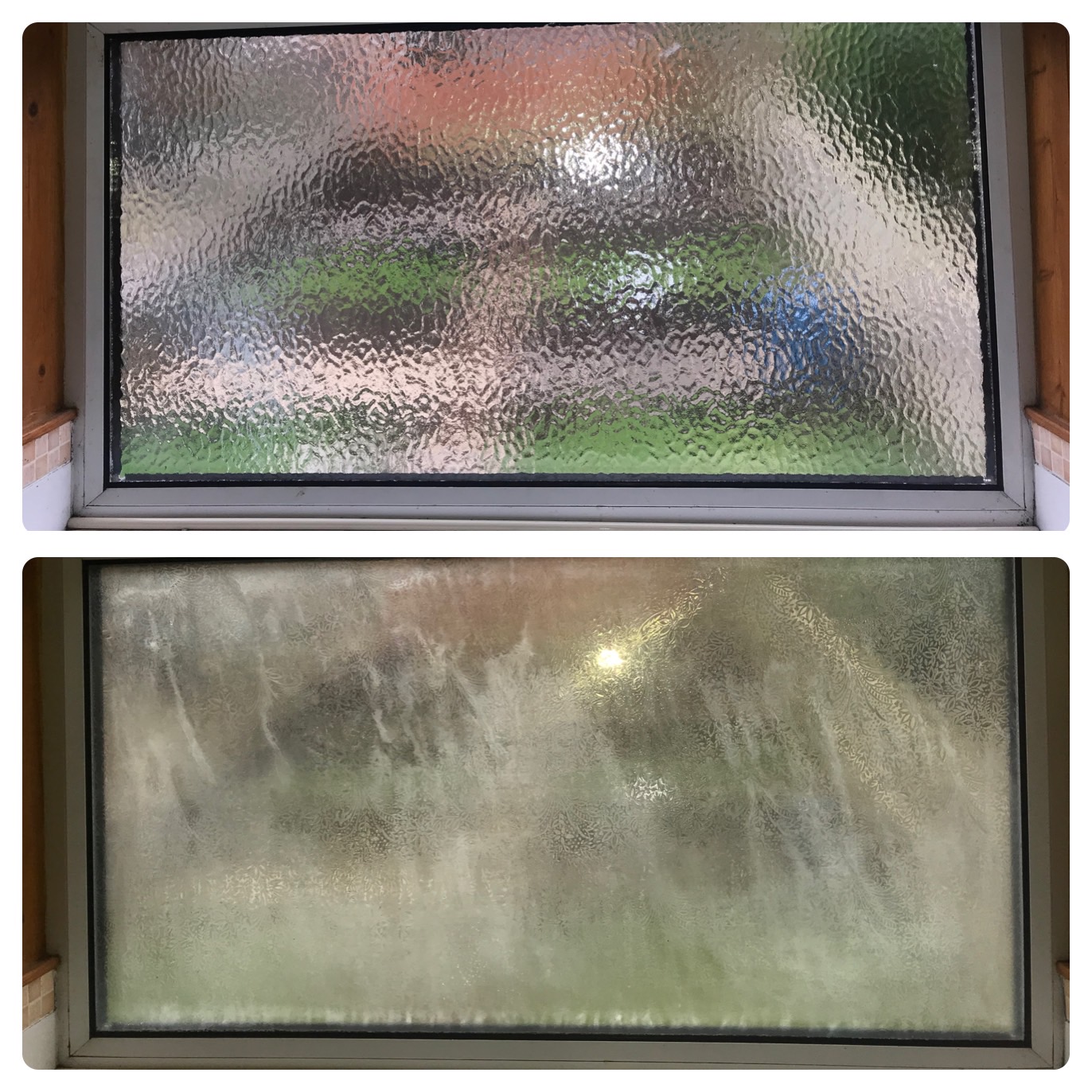 Before-and-after collage of patterned glazing in a residential window frame