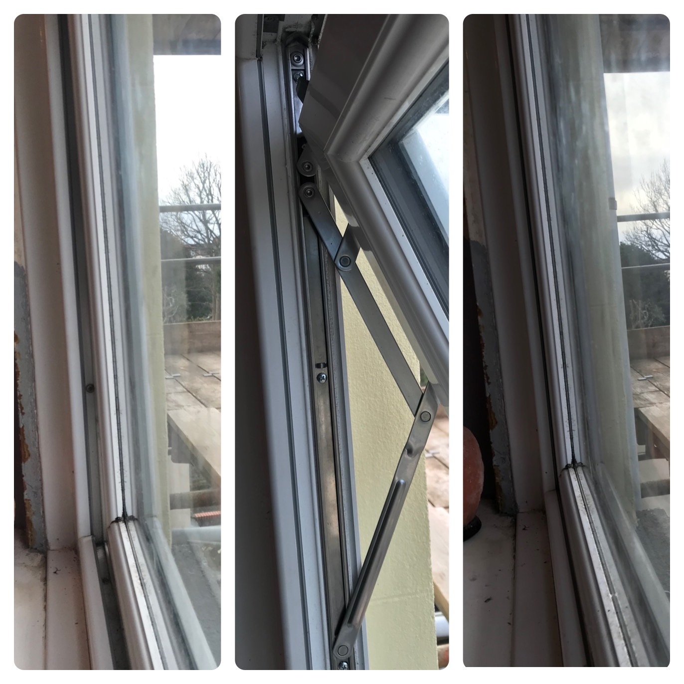 Three-part collage showing a window hinge and frame hardware during repair work